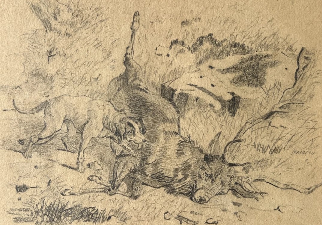 19th century Animals, Deer, Dog, Landscape, Hunting Antique Drawing Original - 2