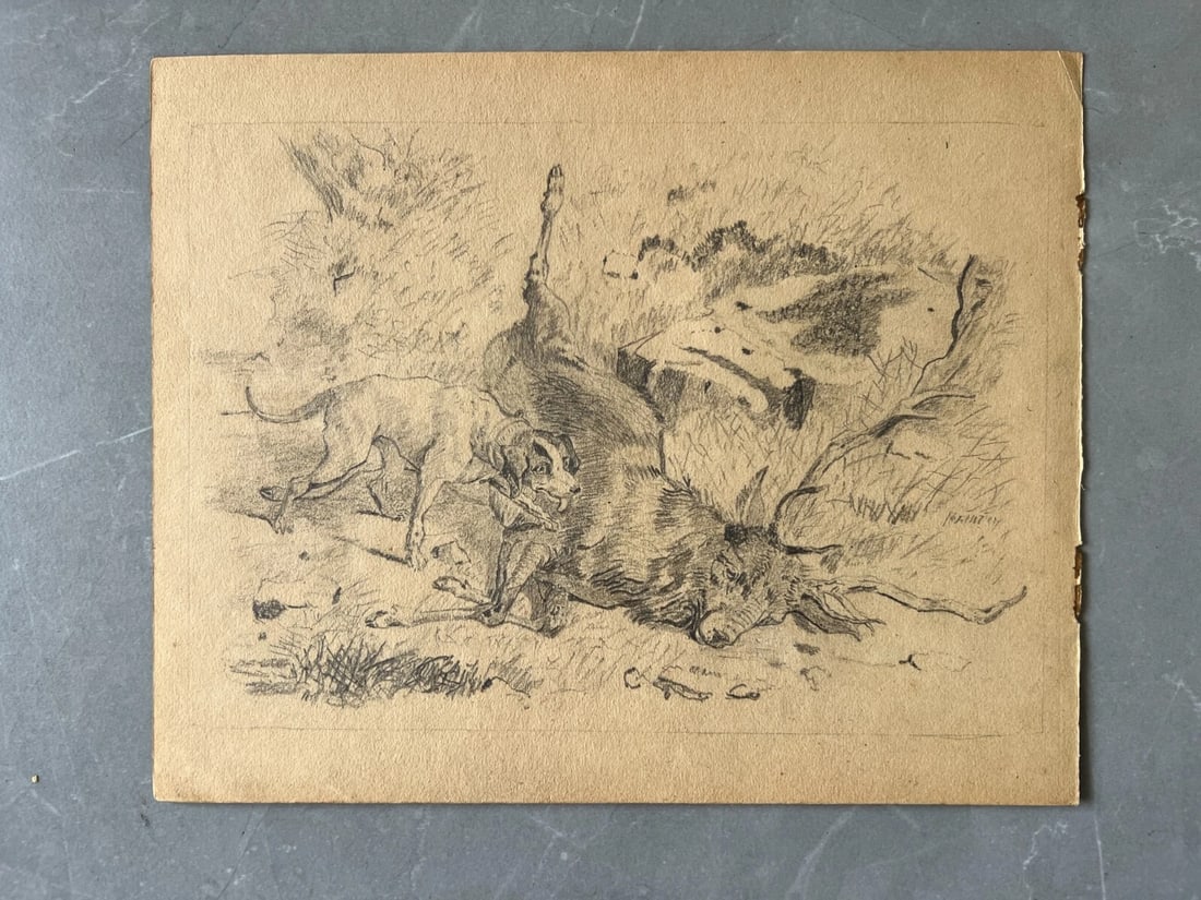 19th century Animals, Deer, Dog, Landscape, Hunting Antique Drawing Original - 3