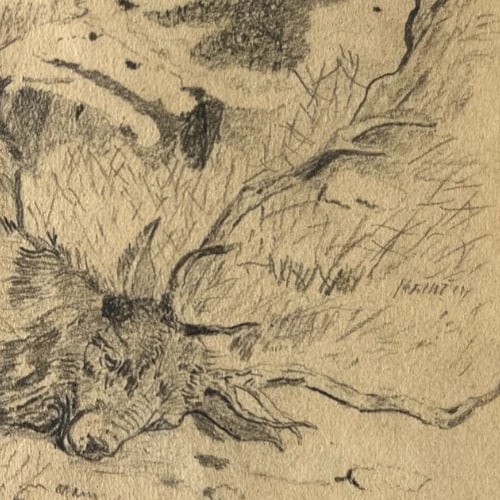 19th century Animals, Deer, Dog, Landscape, Hunting Antique Drawing Original - 4