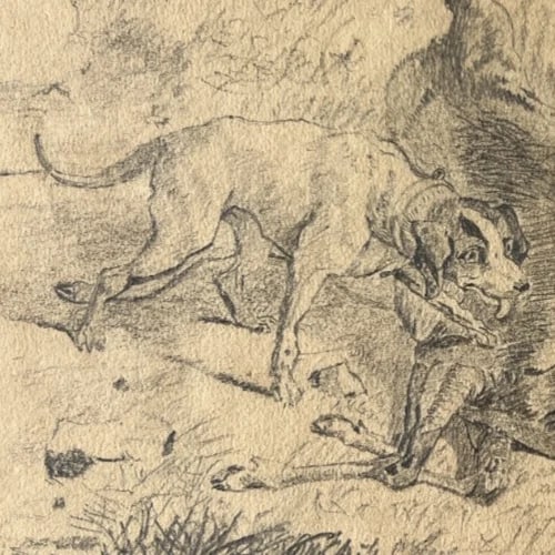 19th century Animals, Deer, Dog, Landscape, Hunting Antique Drawing Original - 5