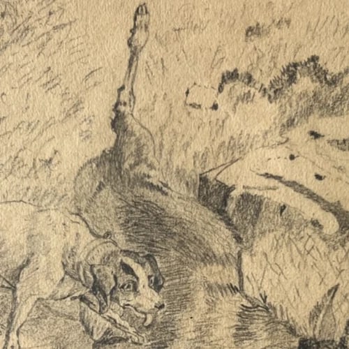 19th century Animals, Deer, Dog, Landscape, Hunting Antique Drawing Original - 6