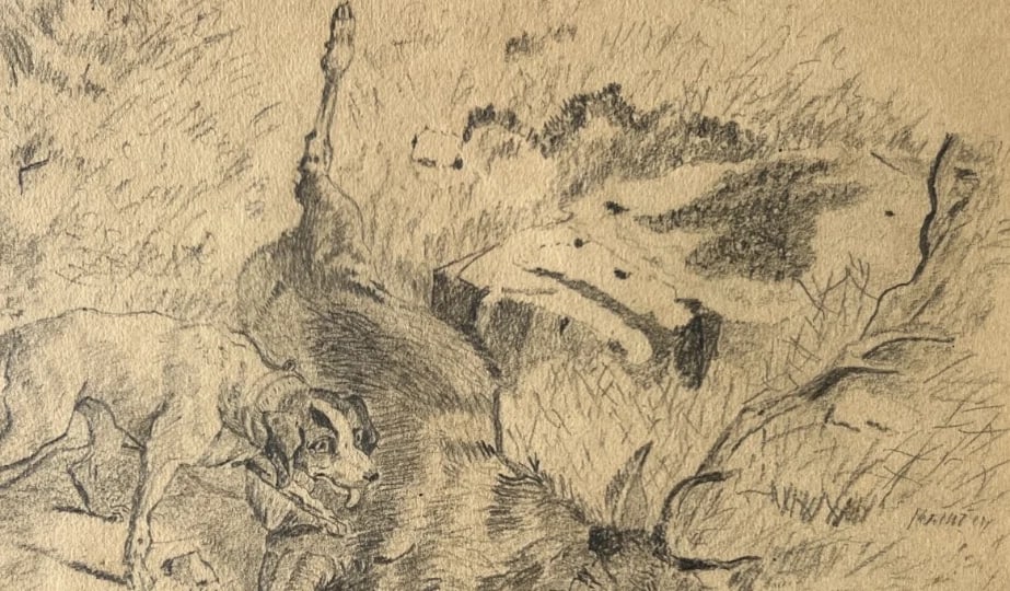 19th century Animals, Deer, Dog, Landscape, Hunting Antique Drawing Original - 7