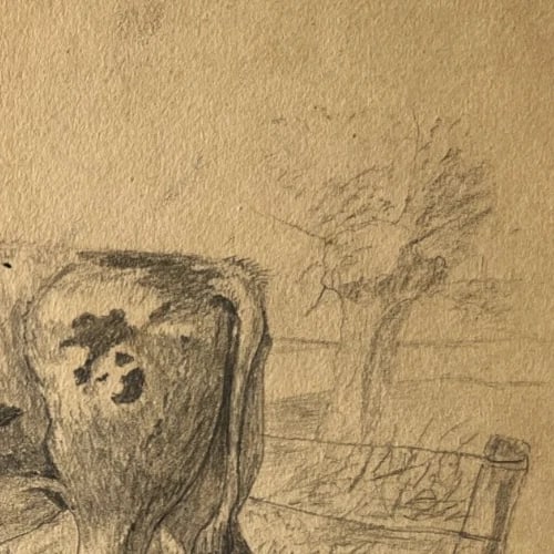 Antique Drawing Original Animals, Bull, Landscape, Fields 19th century - 6