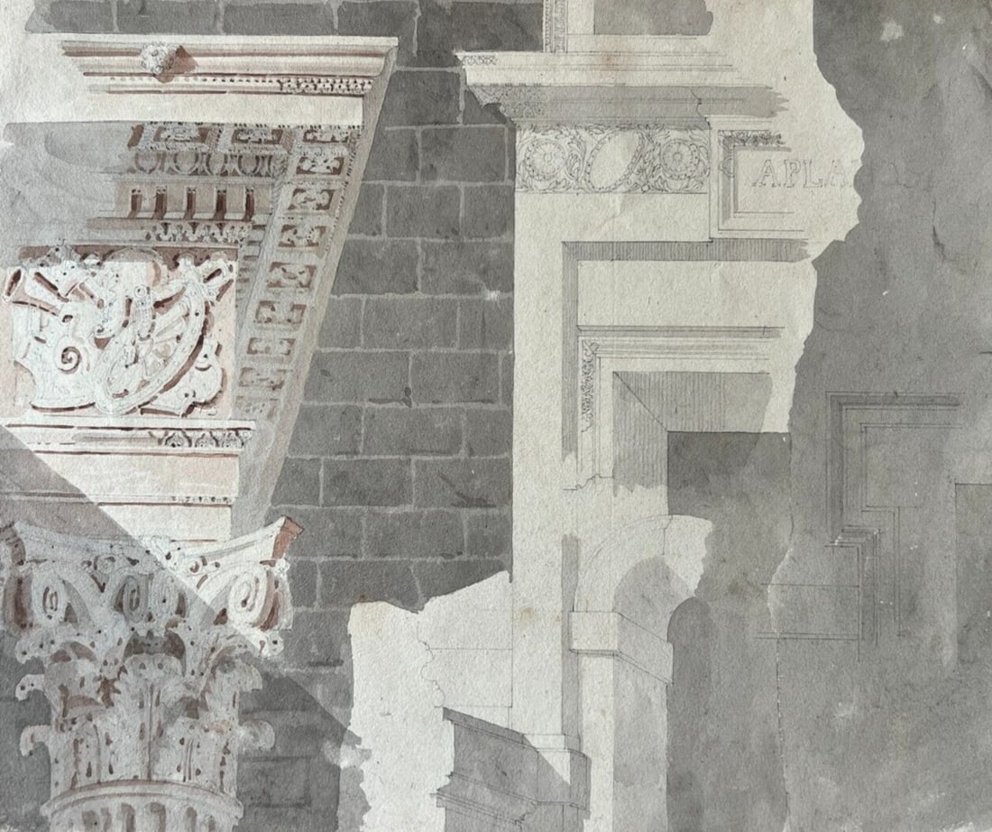 19th century Architecture, Fresca, Building - Drawing Antique Original Ink - 2