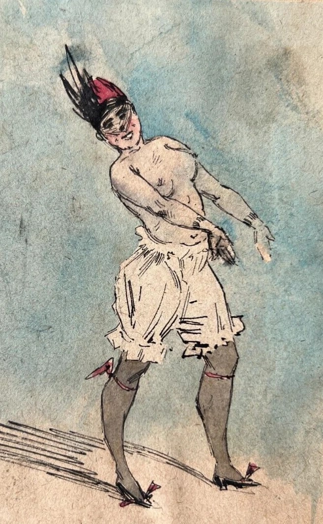 19th century Figure, Woman, Portrait, Dance Drawing Antique Original signed - 2