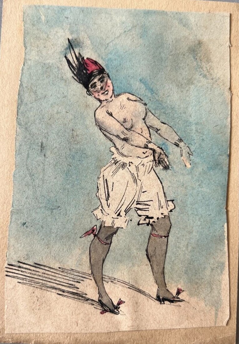 19th century Figure, Woman, Portrait, Dance Drawing Antique Original signed - 8