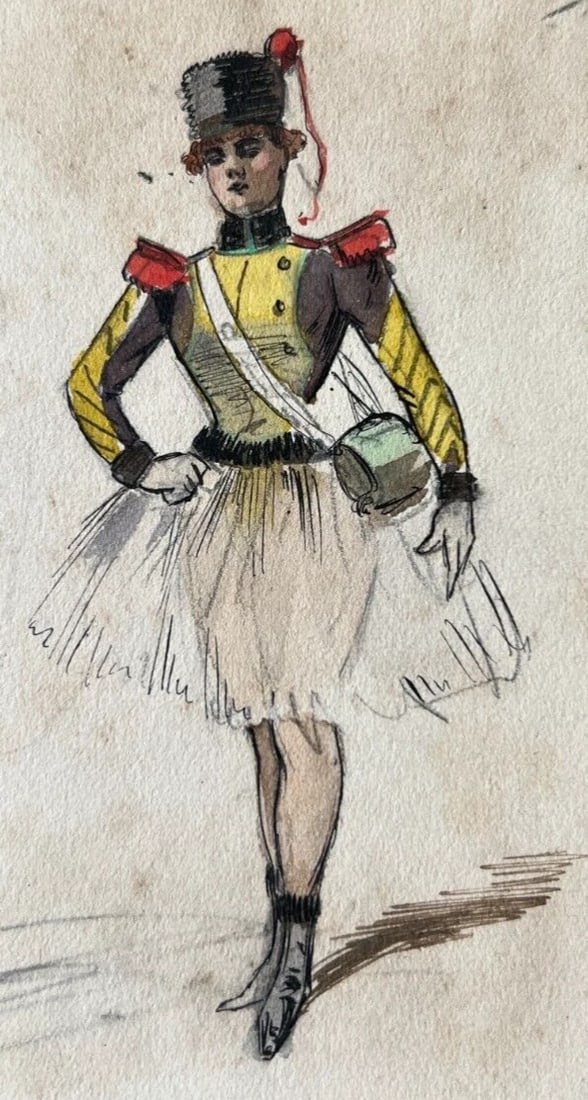 19th century Army, Woman, Portrait, Dance Drawing Antique Original signed - 2