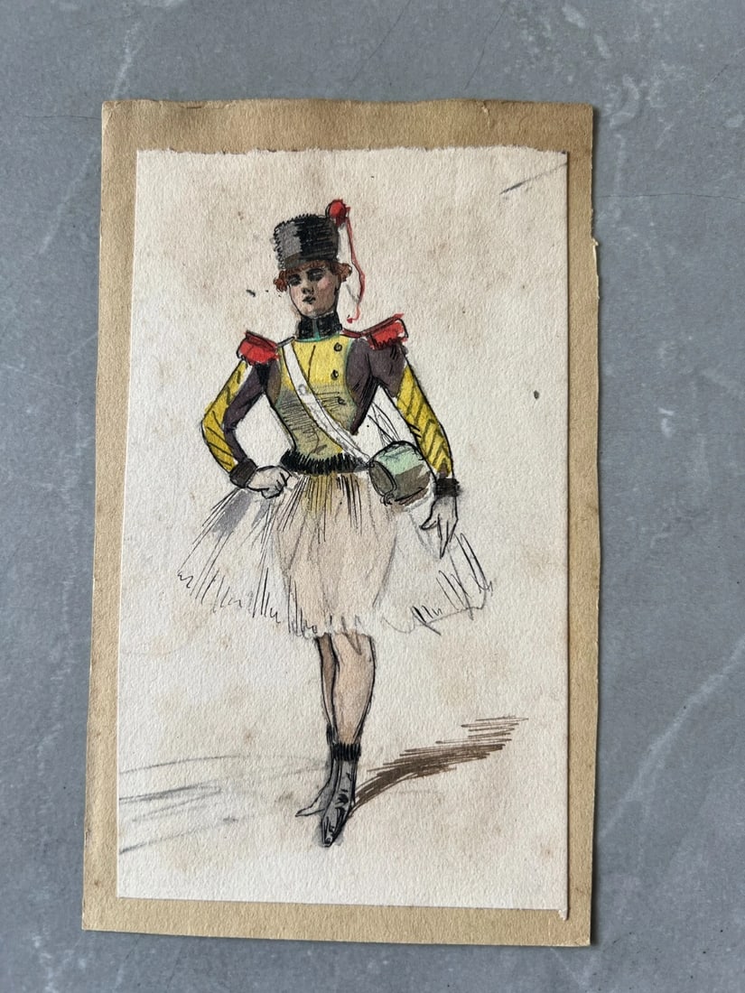 19th century Army, Woman, Portrait, Dance Drawing Antique Original signed - 3