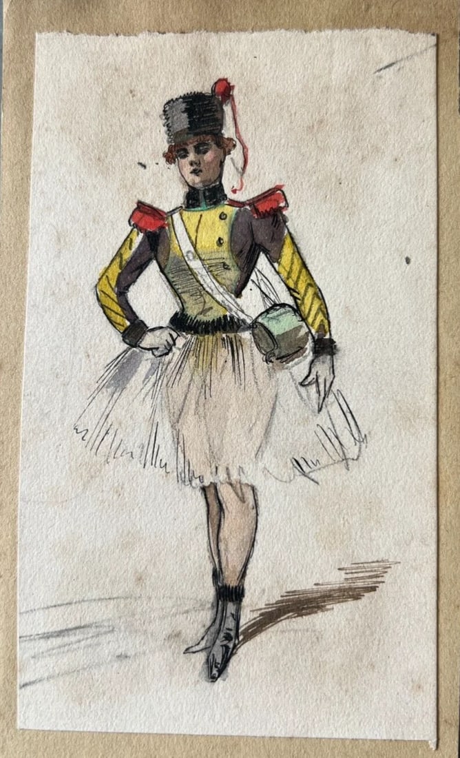 19th century Army, Woman, Portrait, Dance Drawing Antique Original signed - 8