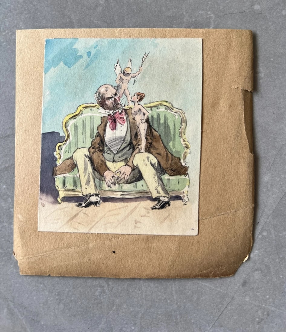 19th century Man, Portrait, Figures, Angel, Cupidon Antique Original Drawing - 9