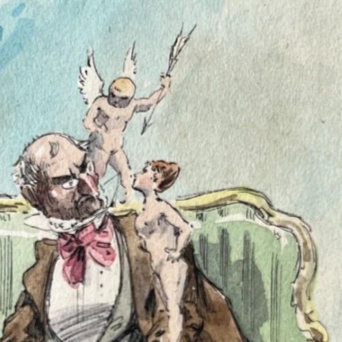 19th century Man, Portrait, Figures, Angel, Cupidon Antique Original Drawing - 4