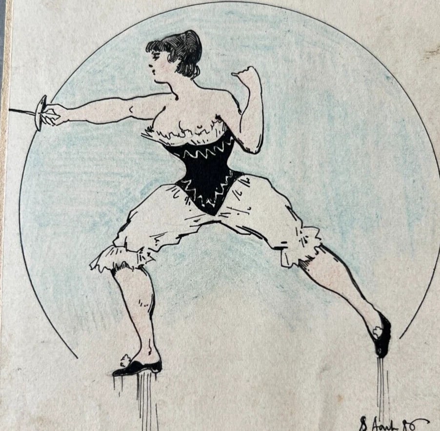 19th century Figure, Woman, Portrait, Fencing Antique Original Drawing signed - 2
