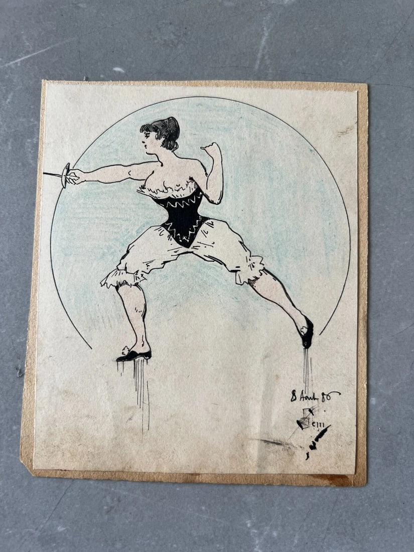 19th century Figure, Woman, Portrait, Fencing Antique Original Drawing signed - 3