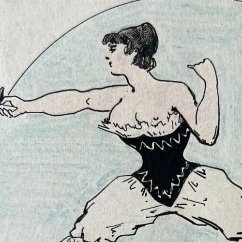19th century Figure, Woman, Portrait, Fencing Antique Original Drawing signed - 4