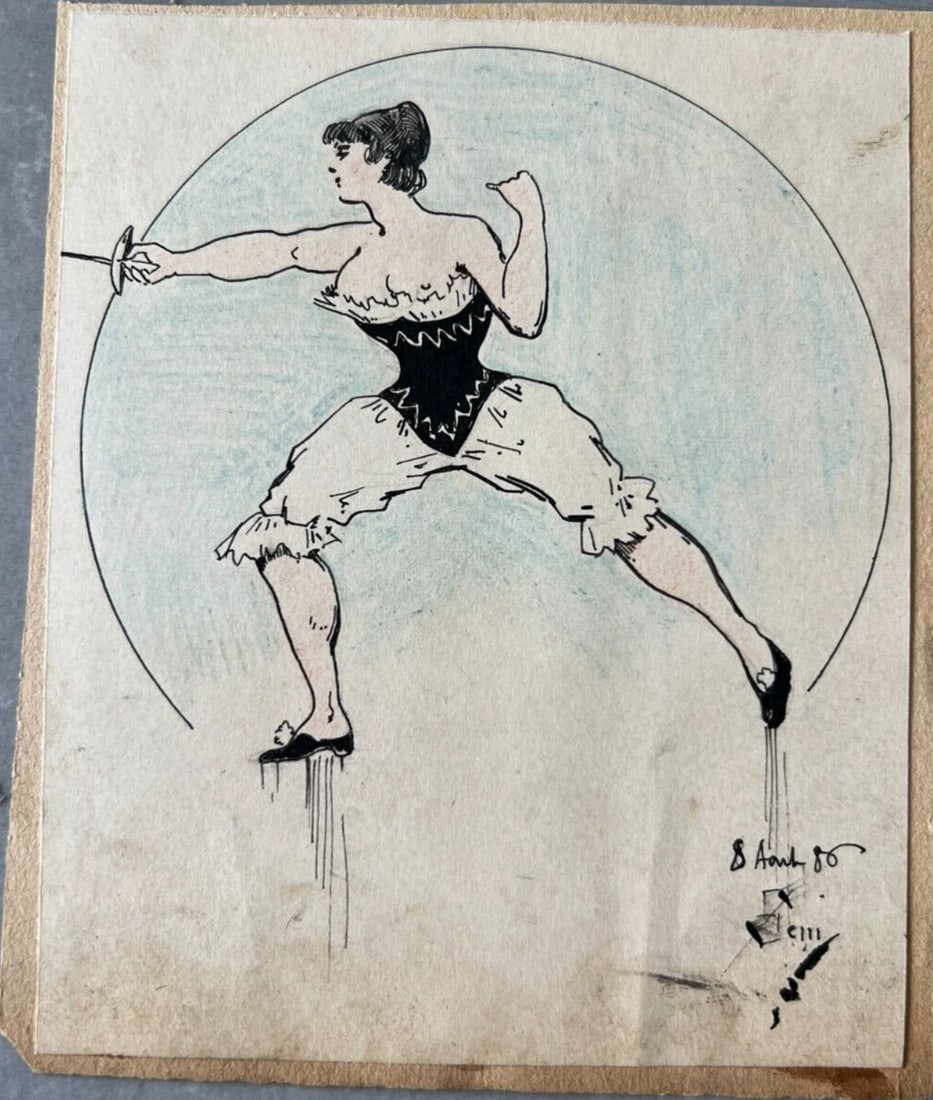 19th century Figure, Woman, Portrait, Fencing Antique Original Drawing signed - 7
