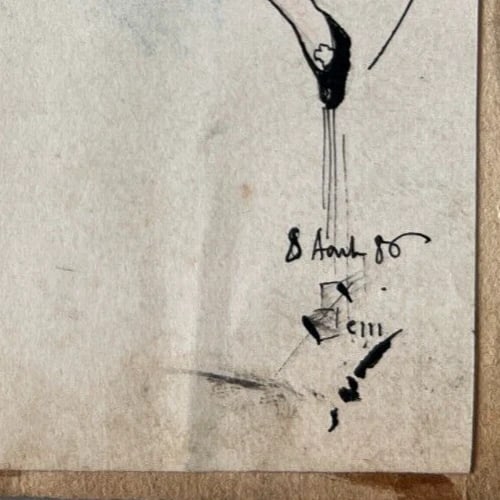 19th century Figure, Woman, Portrait, Fencing Antique Original Drawing signed - 8