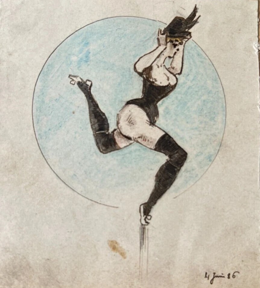 Antique Original Drawing Figure, Woman, Portrait, Dance 19th century signed - 2
