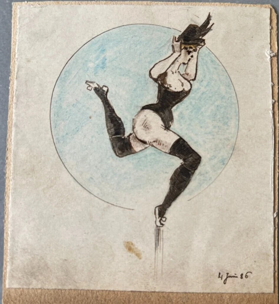 Antique Original Drawing Figure, Woman, Portrait, Dance 19th century signed - 7