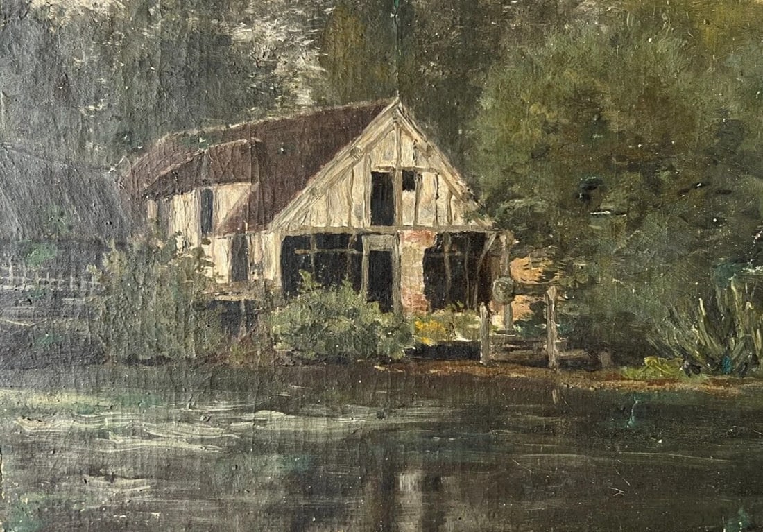 Antique Original Painting Landscape, River, House, Trees 19th century - 2