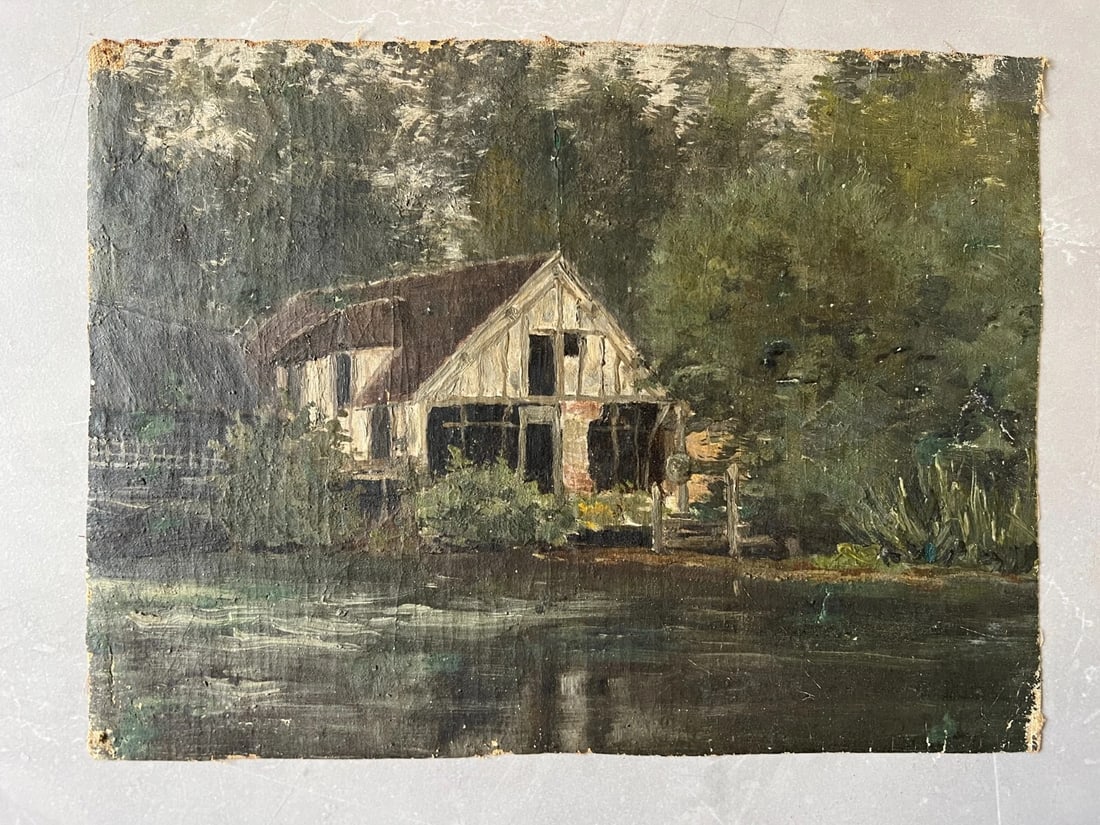 Antique Original Painting Landscape, River, House, Trees 19th century - 3