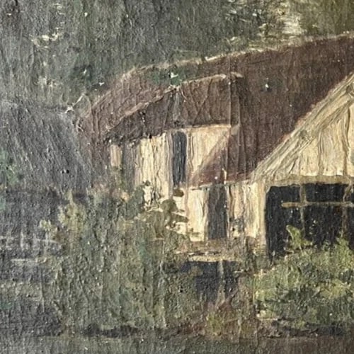 Antique Original Painting Landscape, River, House, Trees 19th century - 4