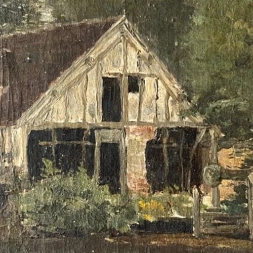 Antique Original Painting Landscape, River, House, Trees 19th century - 5
