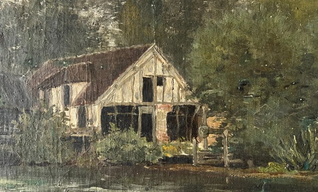 Antique Original Painting Landscape, River, House, Trees 19th century - 7