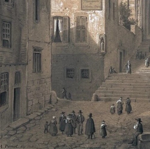 Antique Drawing Original Cityview, House, People, Puy en Velay, 19th century - 4