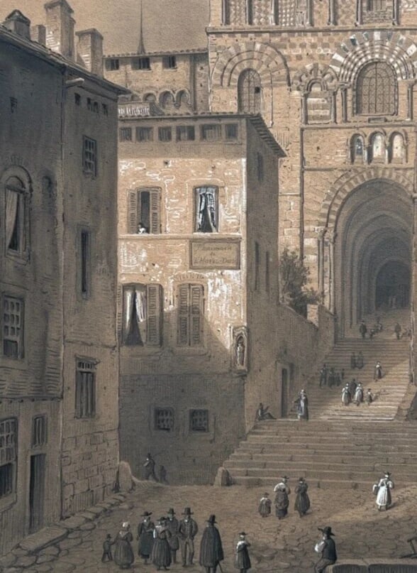 Antique Drawing Original Cityview, House, People, Puy en Velay, 19th century - 6