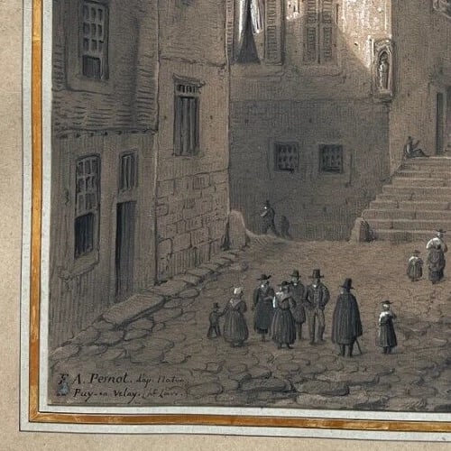 Antique Drawing Original Cityview, House, People, Puy en Velay, 19th century - 8