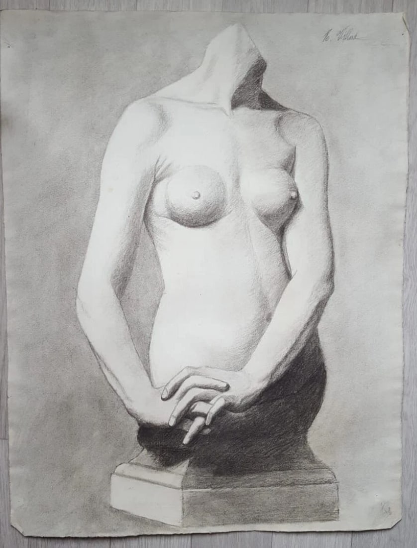 Antique Drawing Pencil Chalk Figure Woman Portrait Profil Sculpture - 9