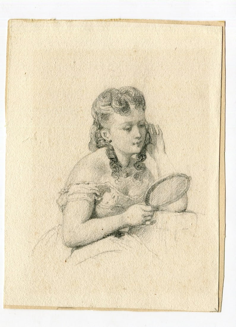 Antique Original Drawing Woman Portrait, Mirror 19th century - 9