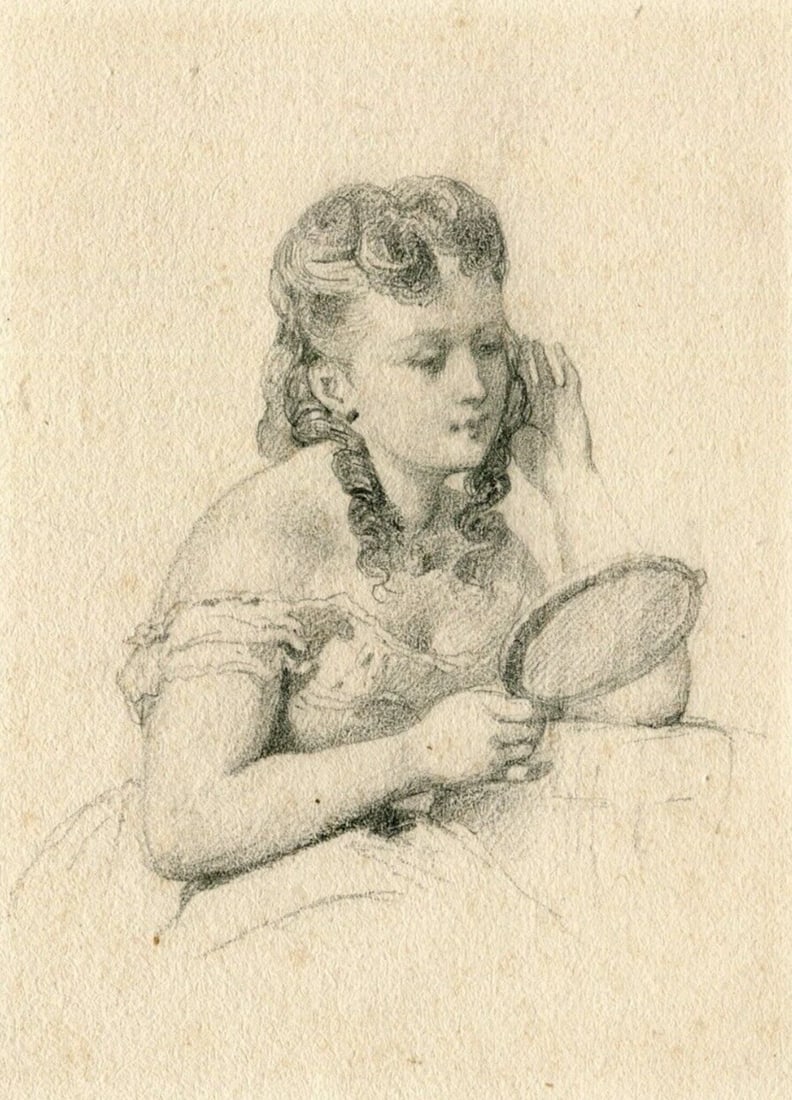 Antique Original Drawing Woman Portrait, Mirror 19th century: Title: Antique Original Drawing Woman Portrait, Mirror 19th century Description: Pencil on paper 16 x 12 cm Reserve: $120.00 Shipping: Domestic: Flat-rate of $19.00 to anywhere within the co