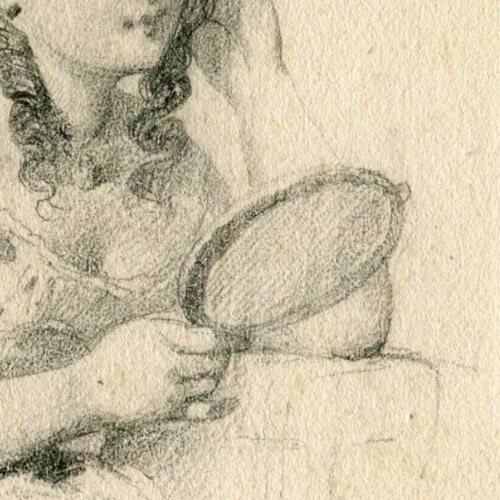 Antique Original Drawing Woman Portrait, Mirror 19th century - 5
