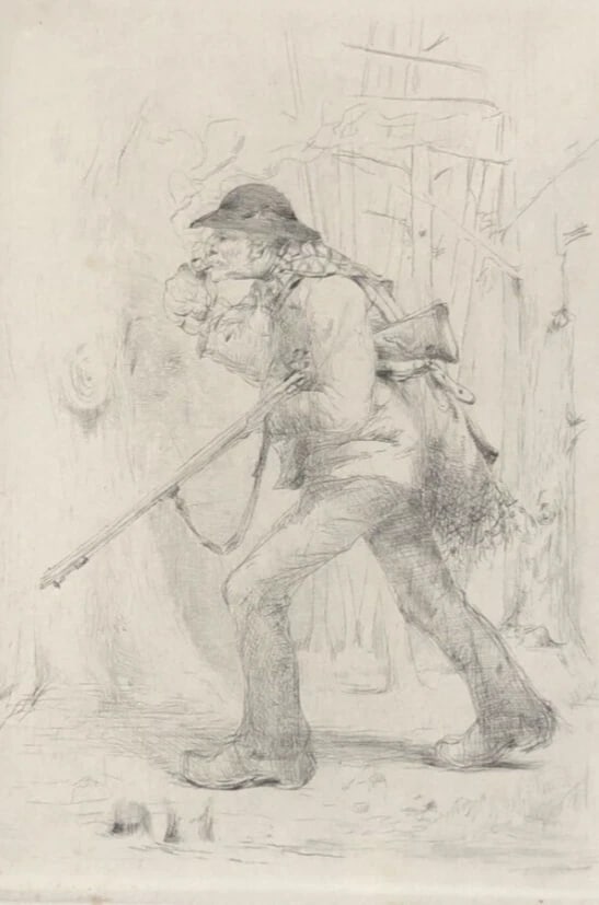 Antique Etching Original Man, Portrait, Hunting, Working Life - 2