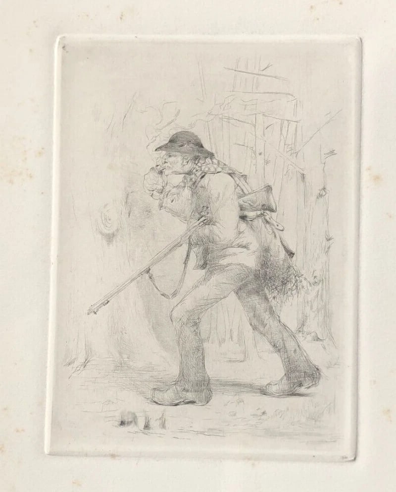 Antique Etching Original Man, Portrait, Hunting, Working Life - 4