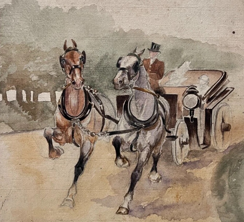 Antique Original Drawing Man, Horses, Caleche, Landscape, Forest (1 of 9)