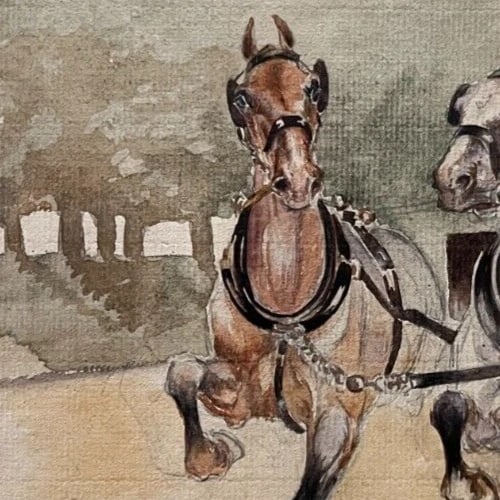 Antique Original Drawing Man, Horses, Caleche, Landscape, Forest - 4