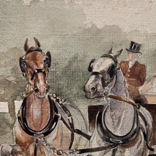 Antique Original Drawing Man, Horses, Caleche, Landscape, Forest - 5