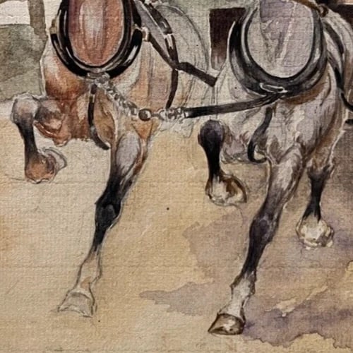 Antique Original Drawing Man, Horses, Caleche, Landscape, Forest - 6