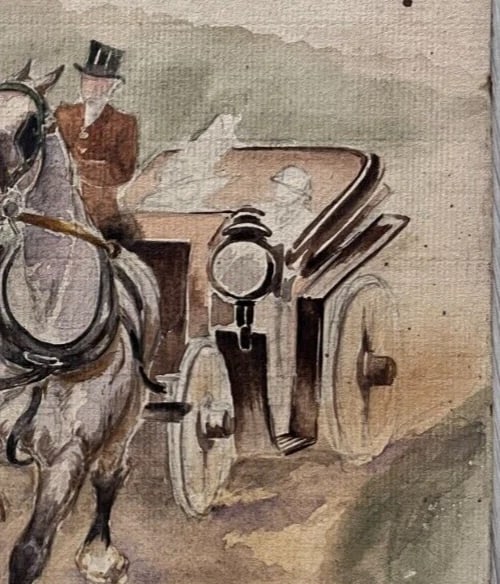 Antique Original Drawing Man, Horses, Caleche, Landscape, Forest - 7