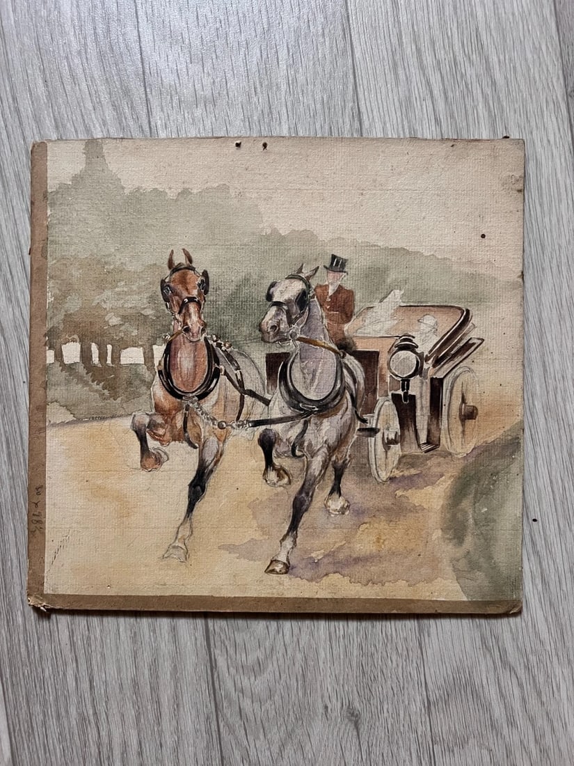 Antique Original Drawing Man, Horses, Caleche, Landscape, Forest - 8