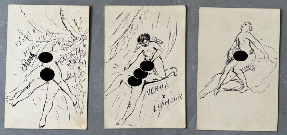 Antique Original Drawing Men, Woman, Portrait, Figure, Venus, Love signed x3 - 2