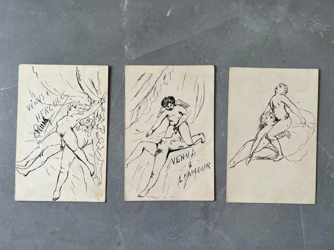 Antique Original Drawing Men, Woman, Portrait, Figure, Venus, Love signed x3 - 3