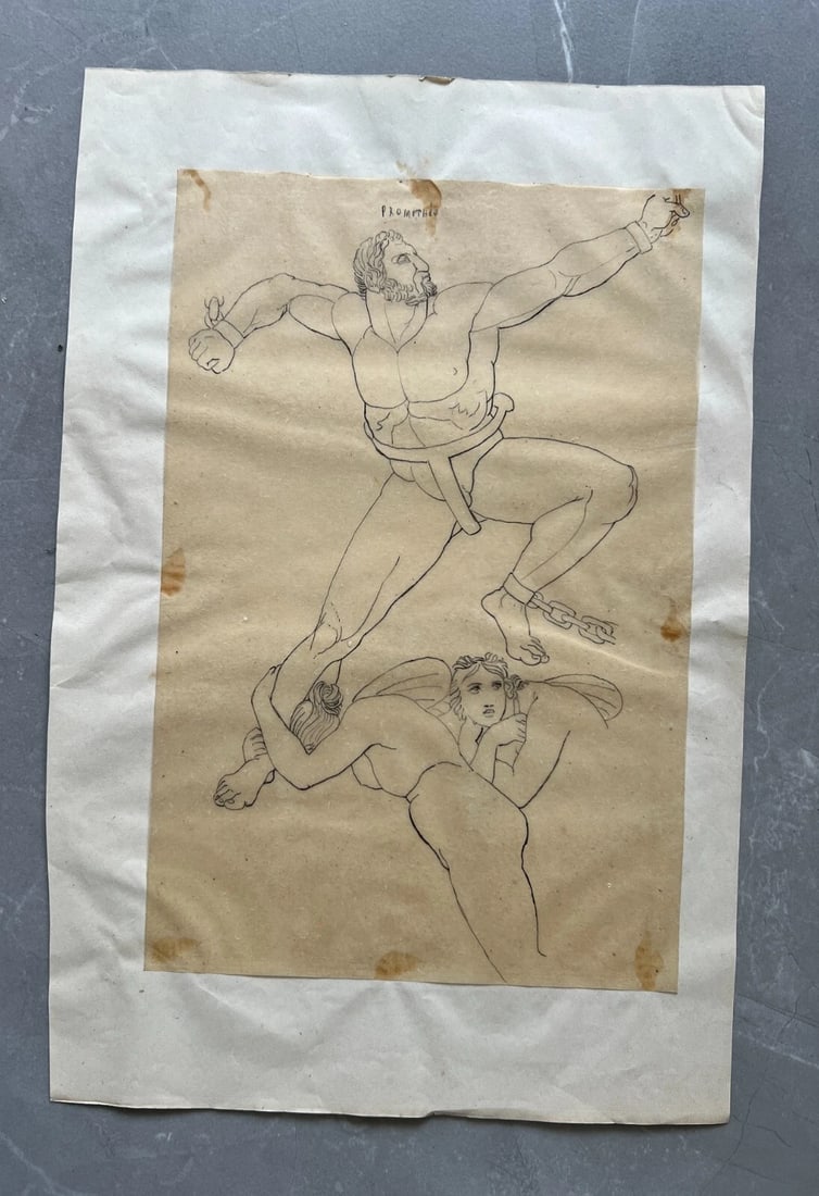 19th century Mythology, People, Men, Religious, History Antique Drawing Original - 3