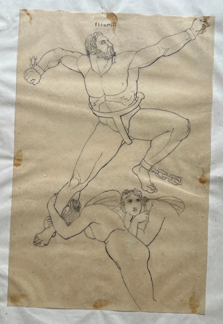 19th century Mythology, People, Men, Religious, History Antique Drawing Original - 8