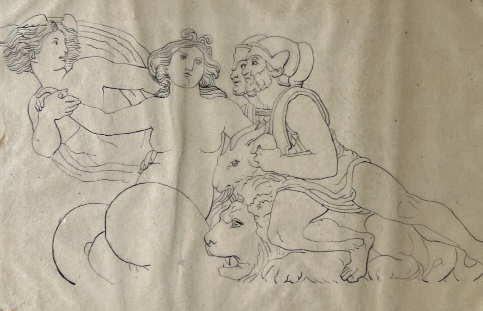 Antique Drawing Original Mythology, People, Lion Religious, History 19th century - 2