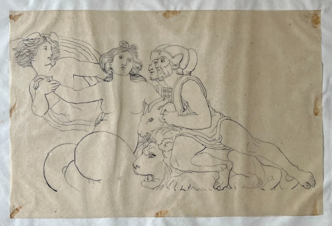 Antique Drawing Original Mythology, People, Lion Religious, History 19th century - 8