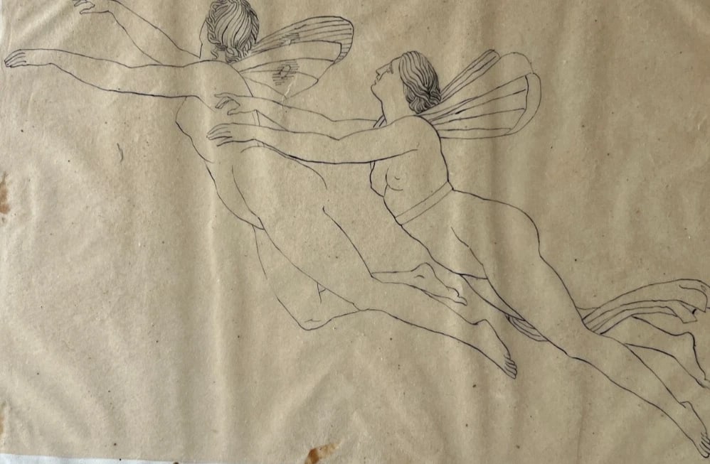 Antique Drawing Original Mythology, Angel, Woman Religious, History 19th century - 2