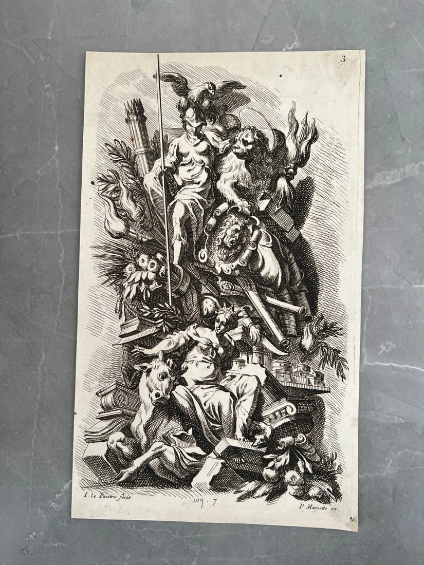 Antique Etching Original Jean Lepautre, Decoration, Architecture, People, Animal - 3